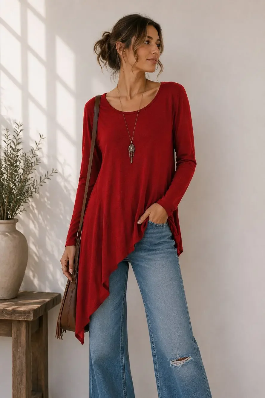 Bryn Walker Red Asymmetrical Hem Lagenlook Blouse Womens L Casual Long Sleeve